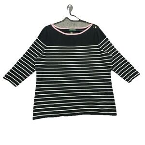 Lauren Ralph Lauren 1X Black White Stripe Top 3/4 Sleeve Pink Trim Sweater